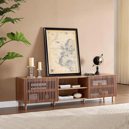 70" TV Stand for TV up to 75", Slatted Entertainment Center with Storage and Open Shelves