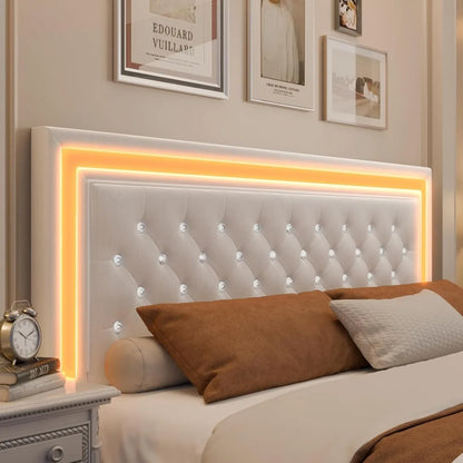 LED Upholstered Bed Frame with 4 Drawers | Adjustable Diamond Headboard • Wooden Slats • No Box Spring needed