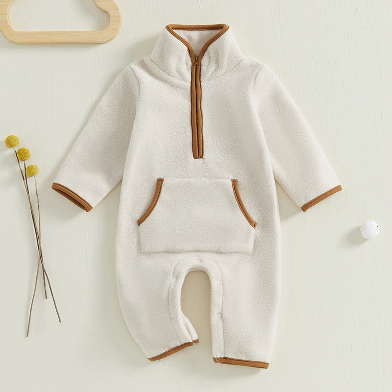 3-12M Autumn Winter Baby Boys Fleece Romper, Long Sleeve, Stand Collar, Pockets