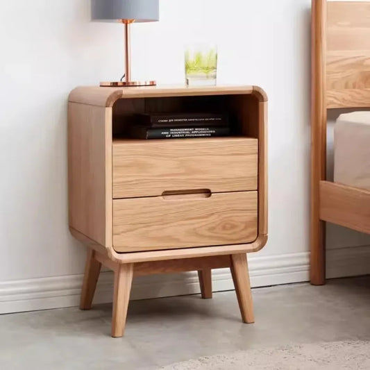 100% Solid Oak Wood Nightstand with Drawer & Storage Shelf