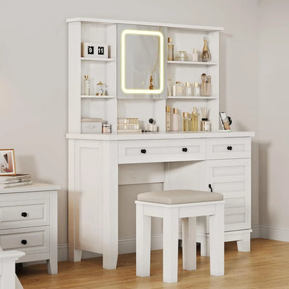 Makeup Table Set with Drawers, Upholstered Stool