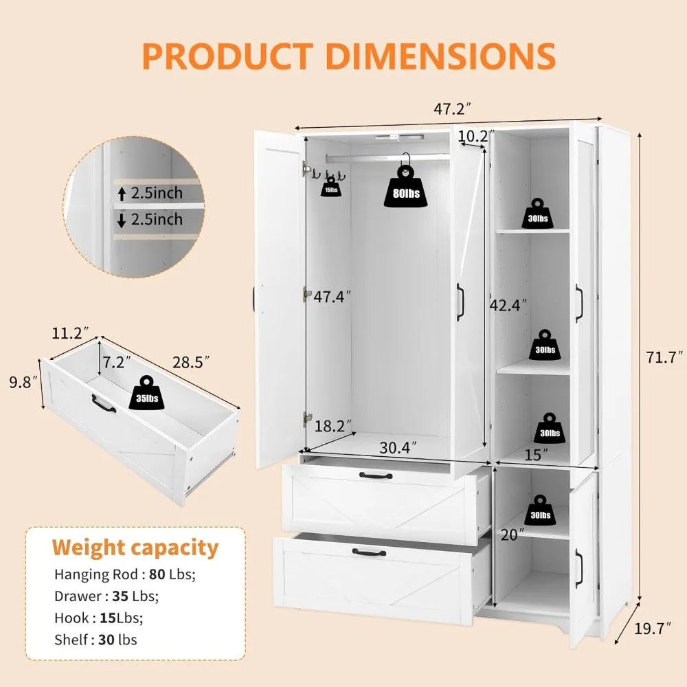 72''H Armoire Wardrobe Cabinet with Mirror and 2 Drawers,  Hanging Rod and Light