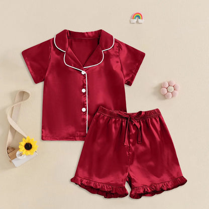 1Y-13Y Silk Pajamas Girl Satin Summer Feather Pajamas Short Sleeve