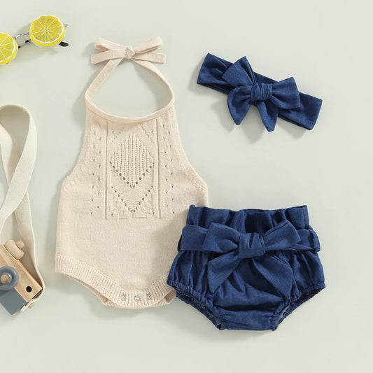 6-24 MO Infant Girl Outfit, Solid Color Halter Neck Knit Sweater Romper, Denim Shorts, Belt, Headband