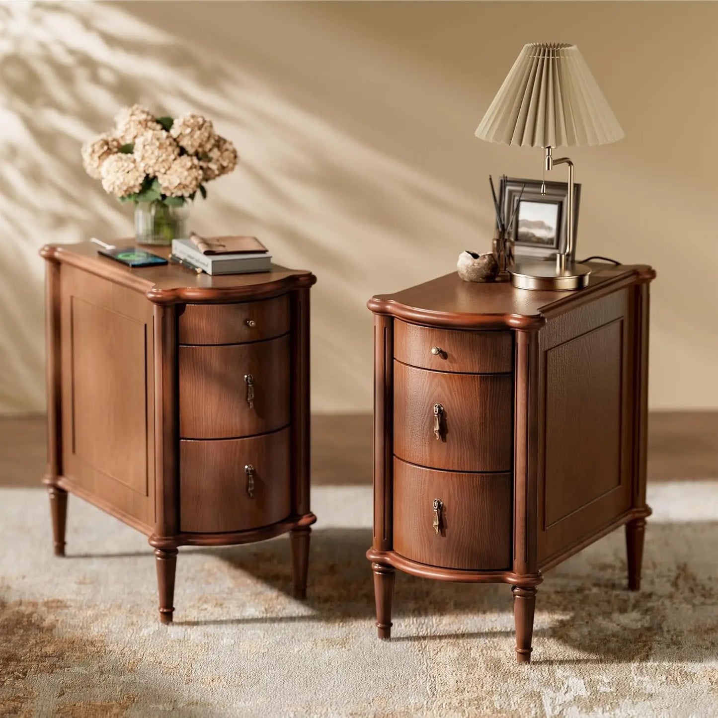 Set of 2 Nightstands w/Charging Station & 3 Drawers,Rustic Wood Finish, and Turned Legs