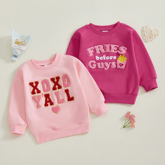 12M-4T Kids Girls Valentines Day Sweatshirt, Long Sleeve, Crew Neck, Embroidery Letters, Pullover Hoodie Tops
