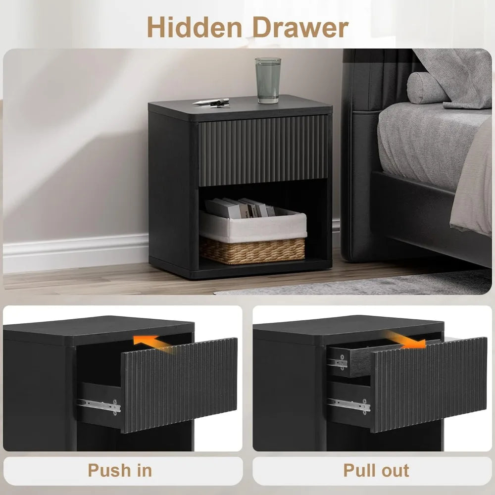 Set of 2, 22.8" W Nightstand  with Hidden Drawers and Open Shelves