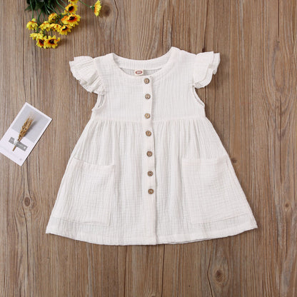2020-03-31 Lioraitiin 0-6Years Toddler Kid Baby Girl Summer Dress Ruffles Sleeves Cotton Button Pocket Dress Sundress Clothes
