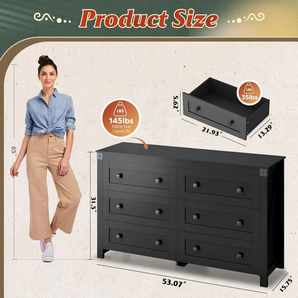 Farmhouse Black Dresser for Bedroom, 53.07'' Wide 6 Drawer Wood Dresser