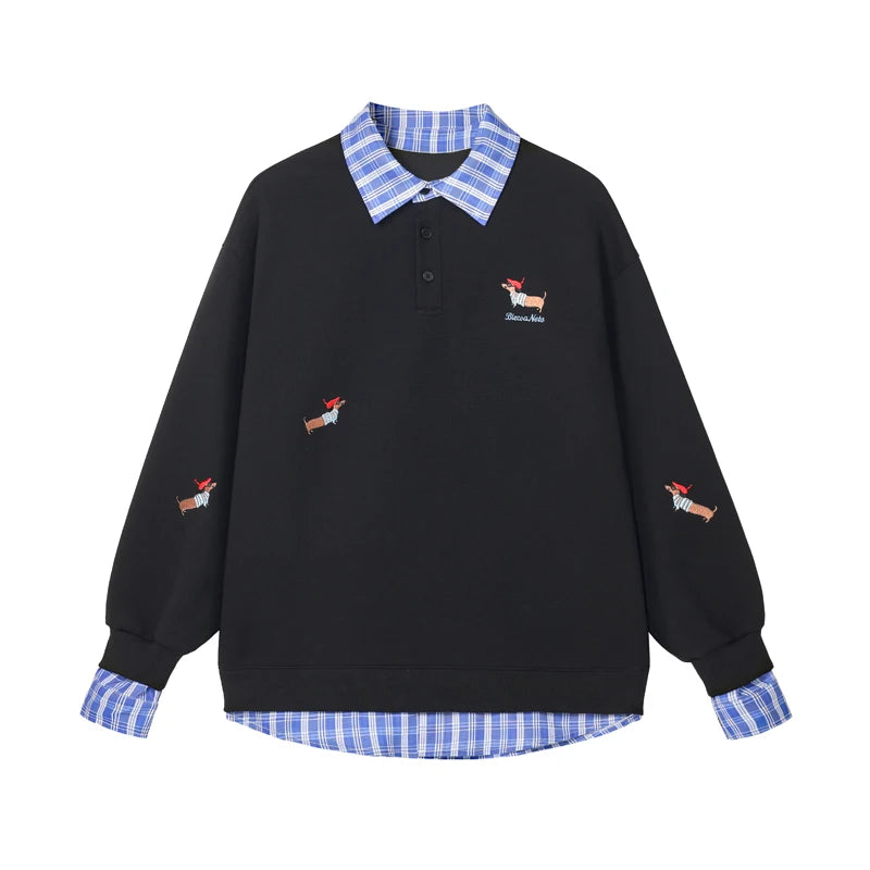 Unisex Plaid Patchwork Fake Two Sweatshirt, College Style Puppy Embroidery, POLO Collar