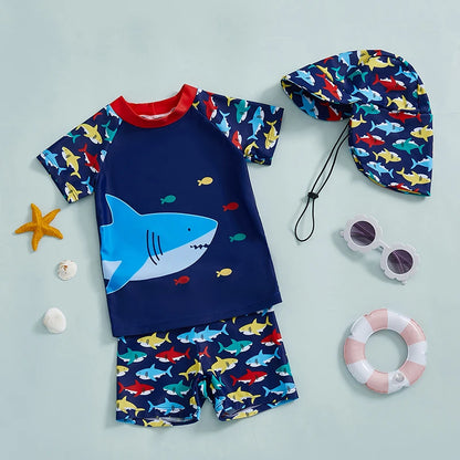 3Pcs, 0MO-4Y Boy Swimsuit Set, Shark Print Short Sleeve, Rash Guard Swim Top, Short, Sun Hat,
