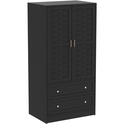 Armoire Wardrobe Closet with 2 Woven Doors, Wardrobe Cabinet with 2 Storage Drawers