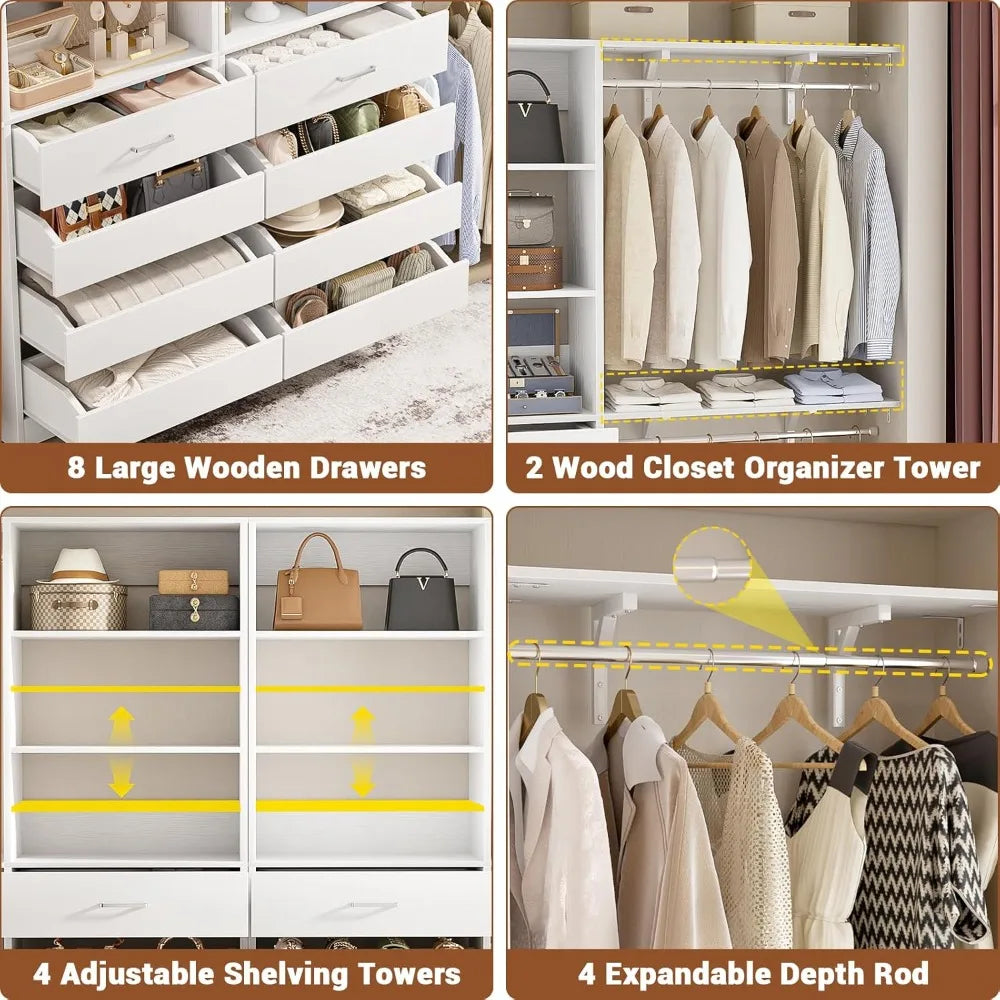 Closet System with 8 Wooden Drawers,  Tower, Clothes Rack w/4 Hanging Rods