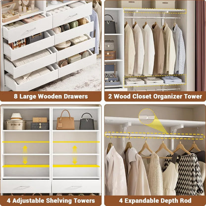 Closet System with 8 Wooden Drawers,  Tower, Clothes Rack w/4 Hanging Rods