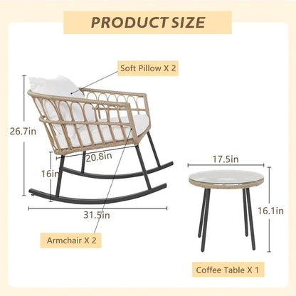 Indoor/Outdoor All Weather Woven Rope Table Set, Tan Wicker Rocker Set With White Cushions