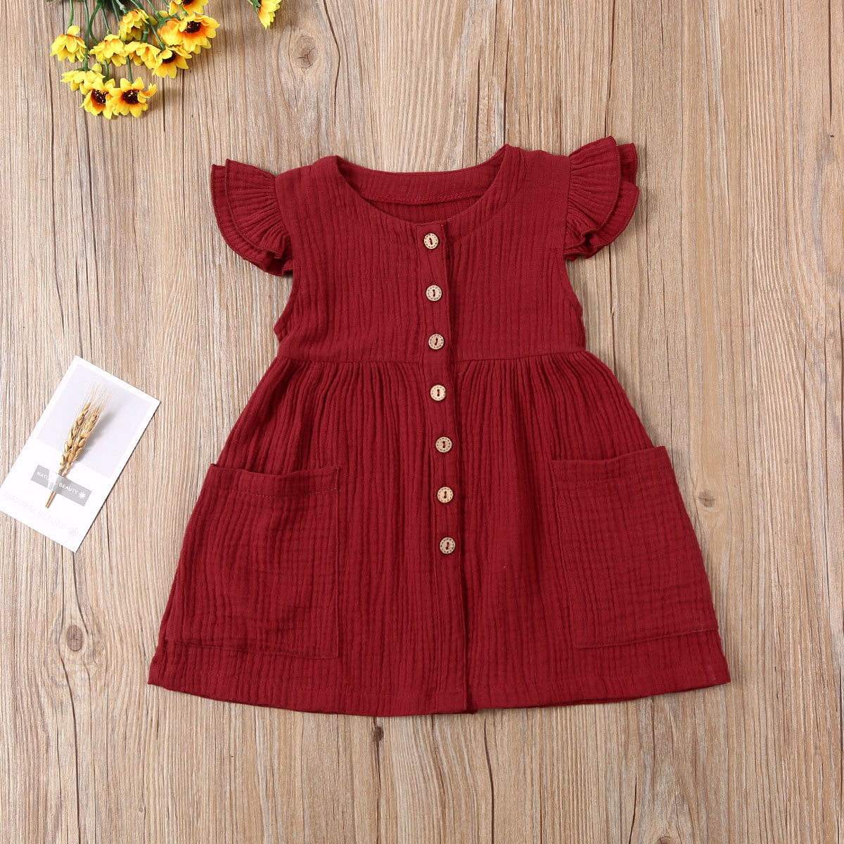 2020-03-31 Lioraitiin 0-6Years Toddler Kid Baby Girl Summer Dress Ruffles Sleeves Cotton Button Pocket Dress Sundress Clothes
