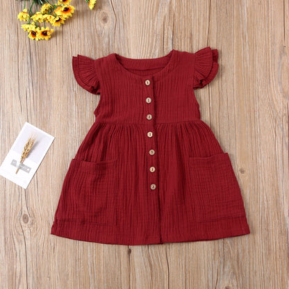 2020-03-31 Lioraitiin 0-6Years Toddler Kid Baby Girl Summer Dress Ruffles Sleeves Cotton Button Pocket Dress Sundress Clothes