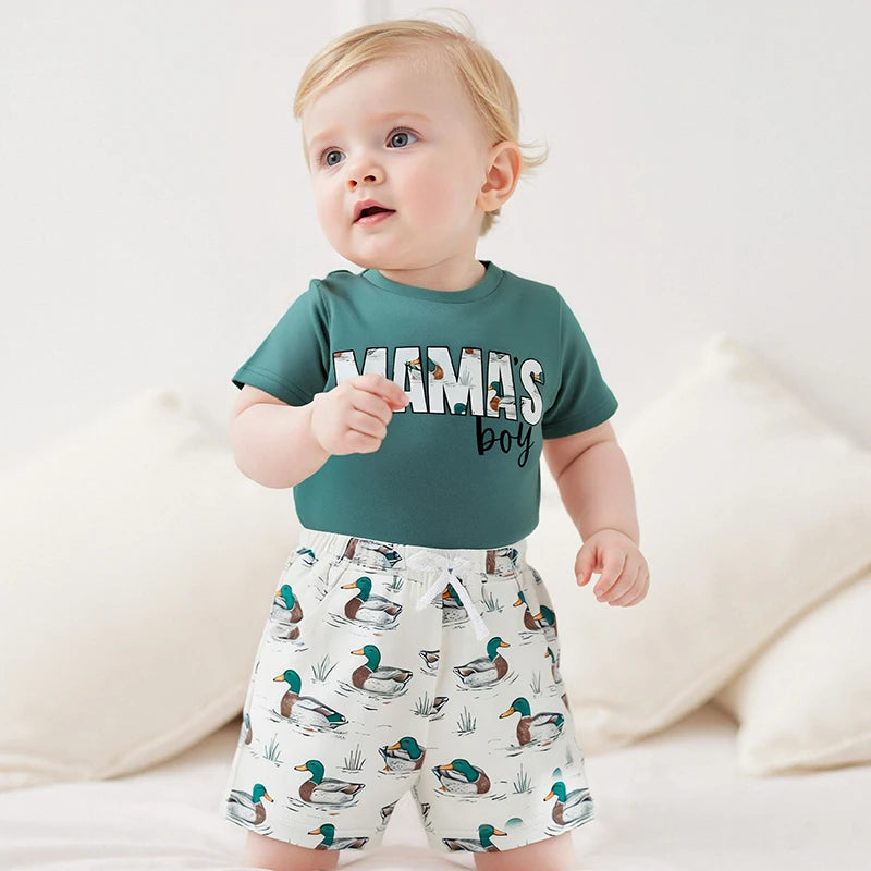 12M-4Y Boys Summer Shorts Sets, Short Sleeve, O Neck, Letter Print Tops and Duck Print Shorts Sets