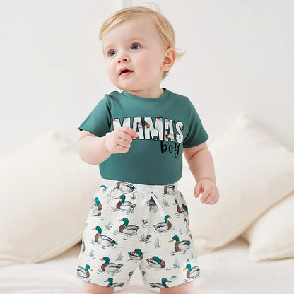 12M-4Y Boys Summer Shorts Sets, Short Sleeve, O Neck, Letter Print Tops and Duck Print Shorts Sets