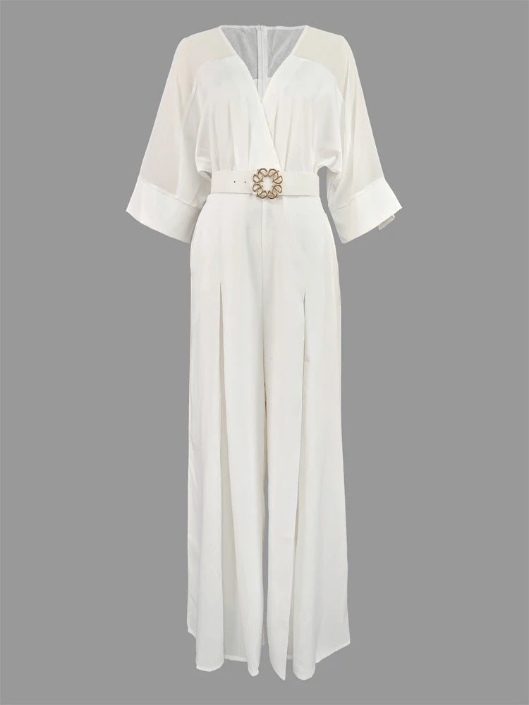 Elegant V-neck, Mesh Patchwork Raglan Sleeve, Belted Wide Leg Jumpsuit