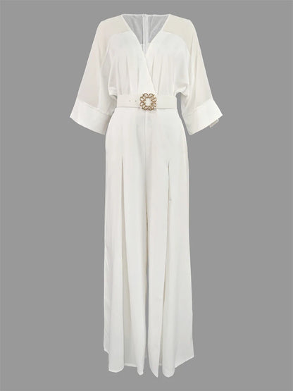 Elegant V-neck, Mesh Patchwork Raglan Sleeve, Belted Wide Leg Jumpsuit