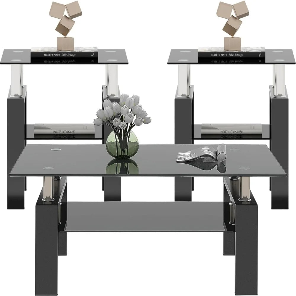 3 Piece Black Glass Table Set, Including 1 Coffee Table and 2 End Side Tables