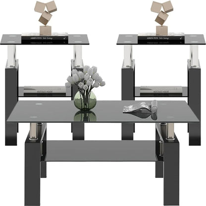 3 Piece Black Glass Table Set, Including 1 Coffee Table and 2 End Side Tables