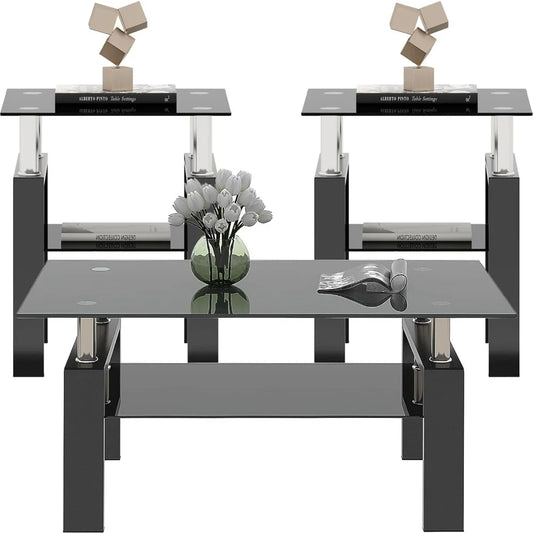 3 Piece Black Glass Table Set, Including 1 Coffee Table and 2 End Side Tables