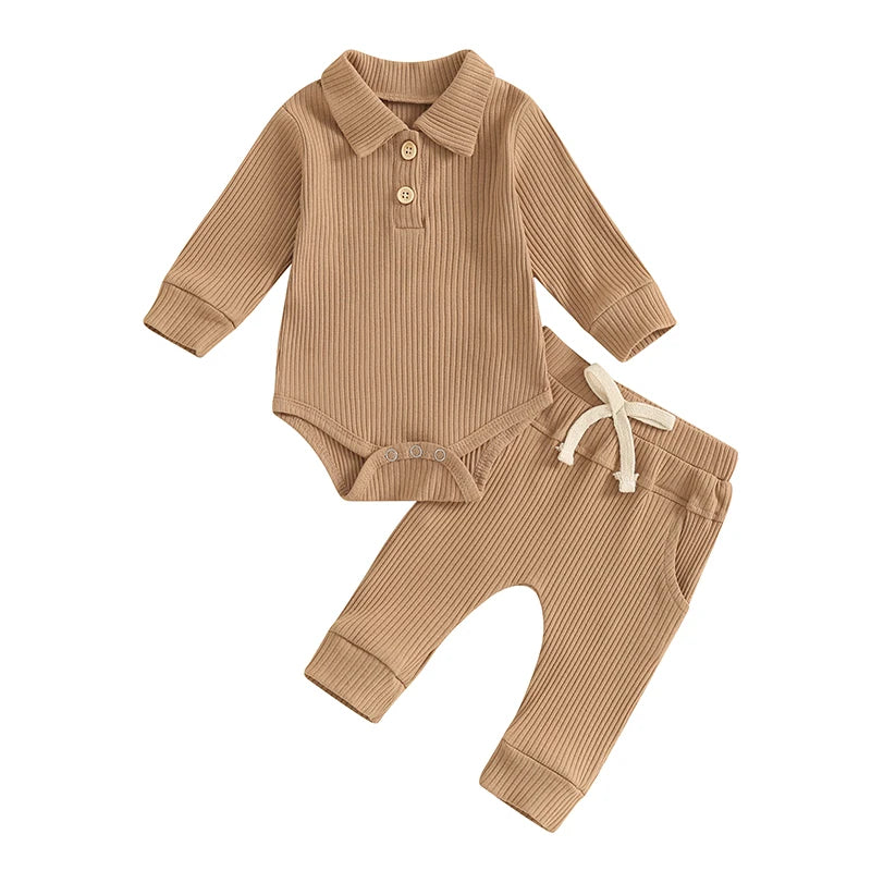 Autumn Infant Baby Boys Ribbed Set, Button Long Sleeve Romper, Drawstring Pocket Trousers