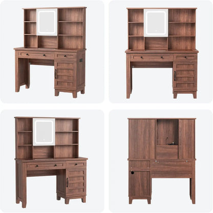 Makeup Table Set with Drawers, Upholstered Stool