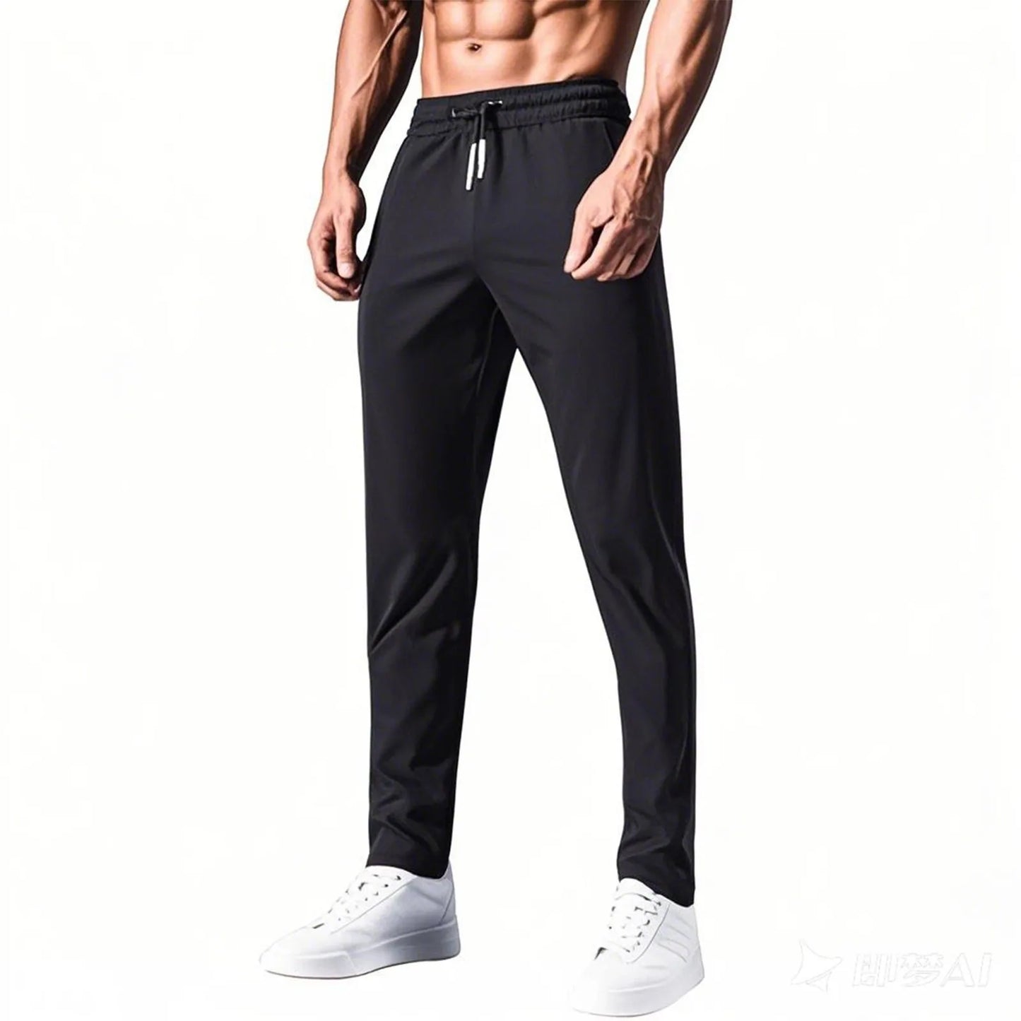 Men Fast Dry Stretch Pants, Ice Silk Trousers, Solid Color, Mid-Waist
