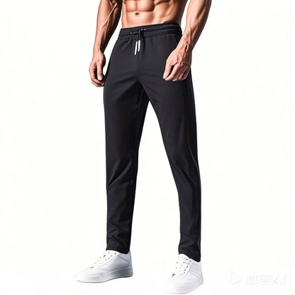 Men Fast Dry Stretch Pants, Ice Silk Trousers, Solid Color, Mid-Waist