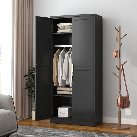 71" Metal Wardrobe Cabinet with Hanging Rod, and Adjustable Shelves