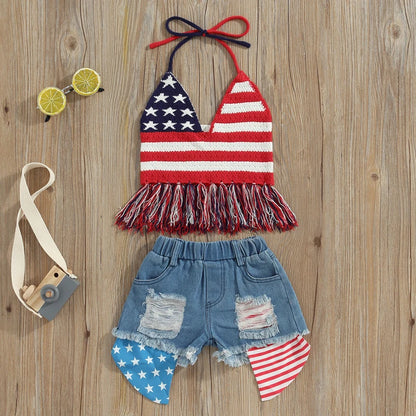 2Pc 2T-6T Toddler Girl  Independence Day Summer Set, Knit Vest Top Denim Shorts