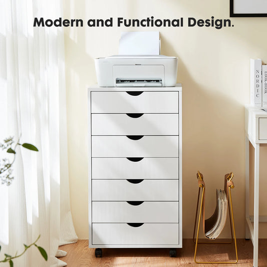 7 Drawer Chest Storage Cabinet, Wooden File Office, Mobile Cabinet on Wheels