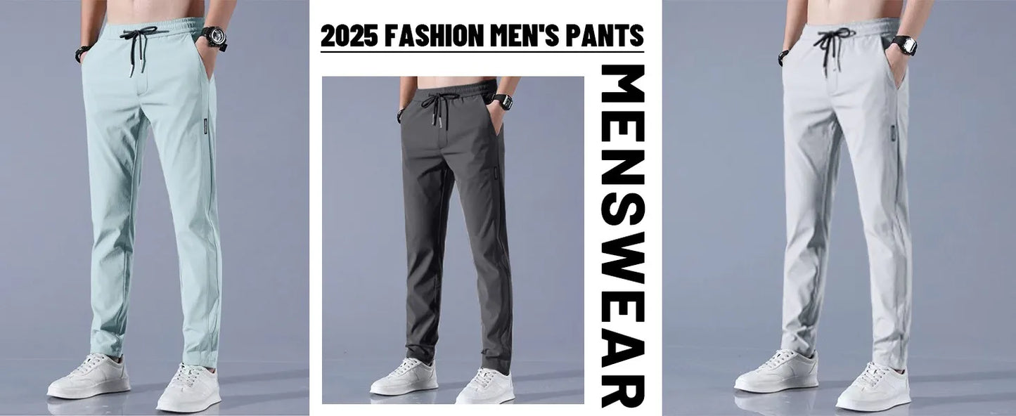 Men Fast Dry Stretch Pants, Ice Silk Trousers, Solid Color, Mid-Waist