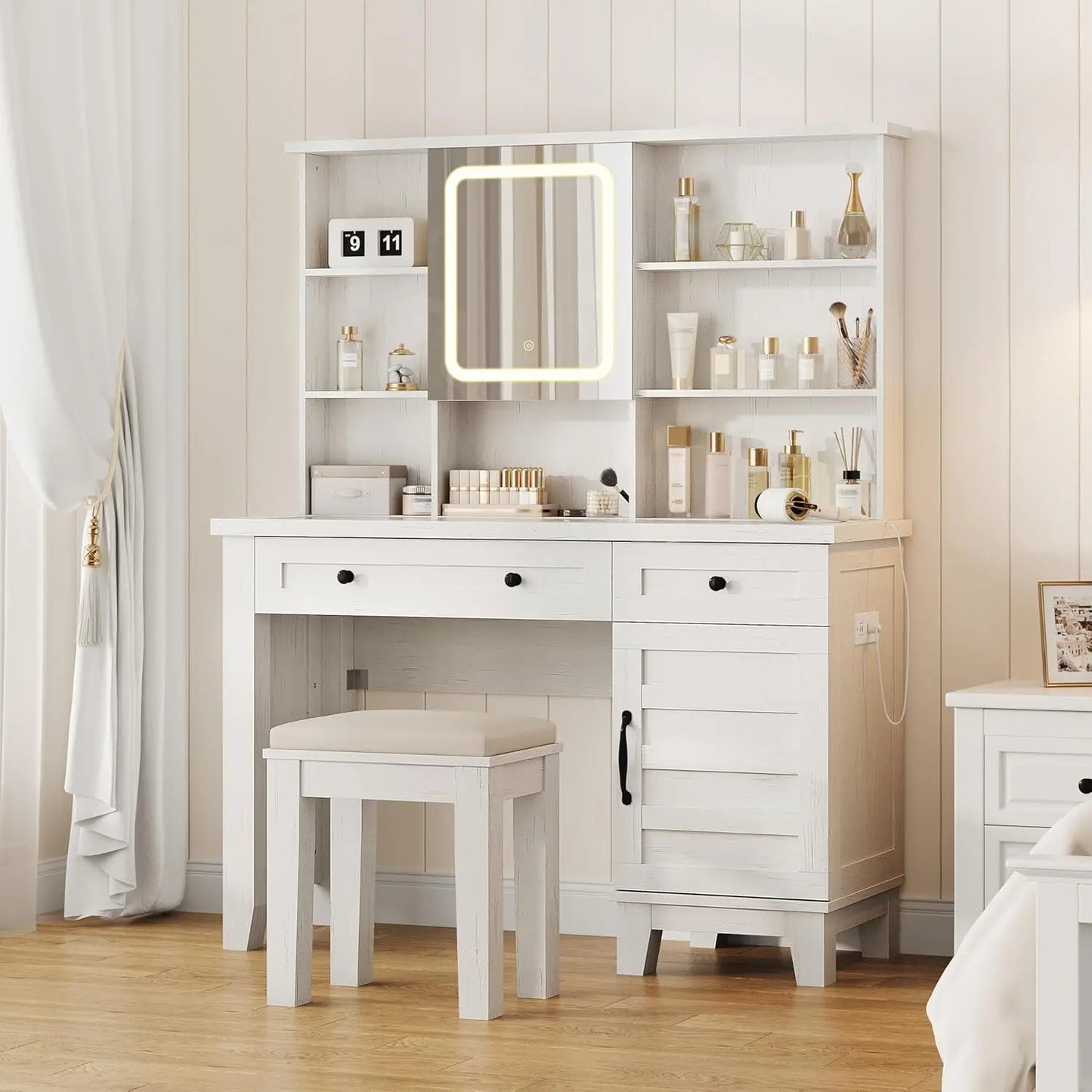 Makeup Table Set with Drawers, Upholstered Stool