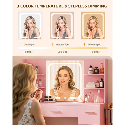 Vanity Desk. Pink, 43.3'Wx15.7'Dx53.2'H (Smart LED Mirror, 4 Open Shelves, 7 Drawers, Hairdryer Rack, Power-Outet)