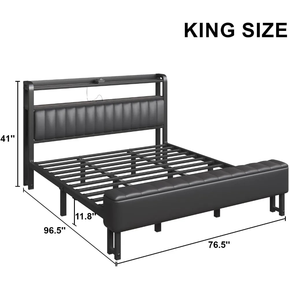 King Size Bed Frame with Star Projector & Charging Station, Headboard