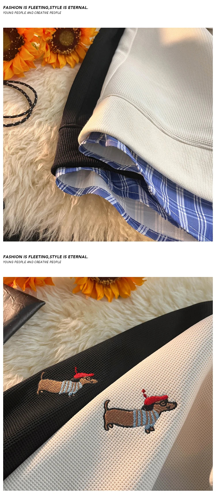 Unisex Plaid Patchwork Fake Two Sweatshirt, College Style Puppy Embroidery, POLO Collar