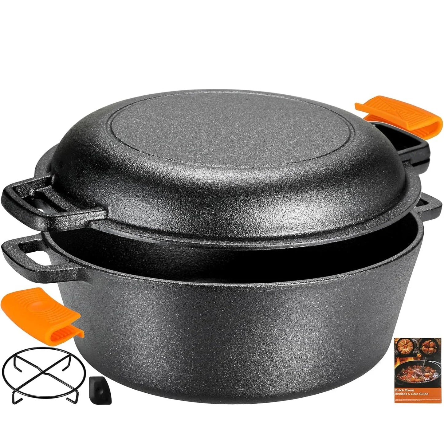 Pre-Seasoned Cast Iron Double Dutch Oven With Loop Handles, 5.1 Quart Pot