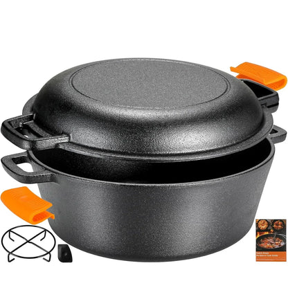 Pre-Seasoned Cast Iron Double Dutch Oven With Loop Handles, 5.1 Quart Pot
