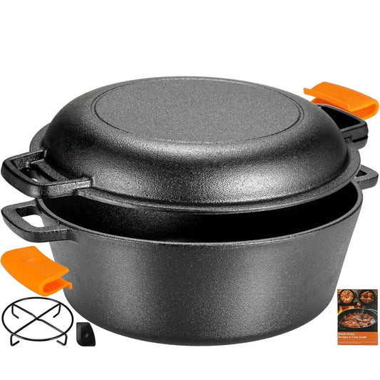 Pre-Seasoned Cast Iron Double Dutch Oven With Loop Handles, 5.1 Quart Pot