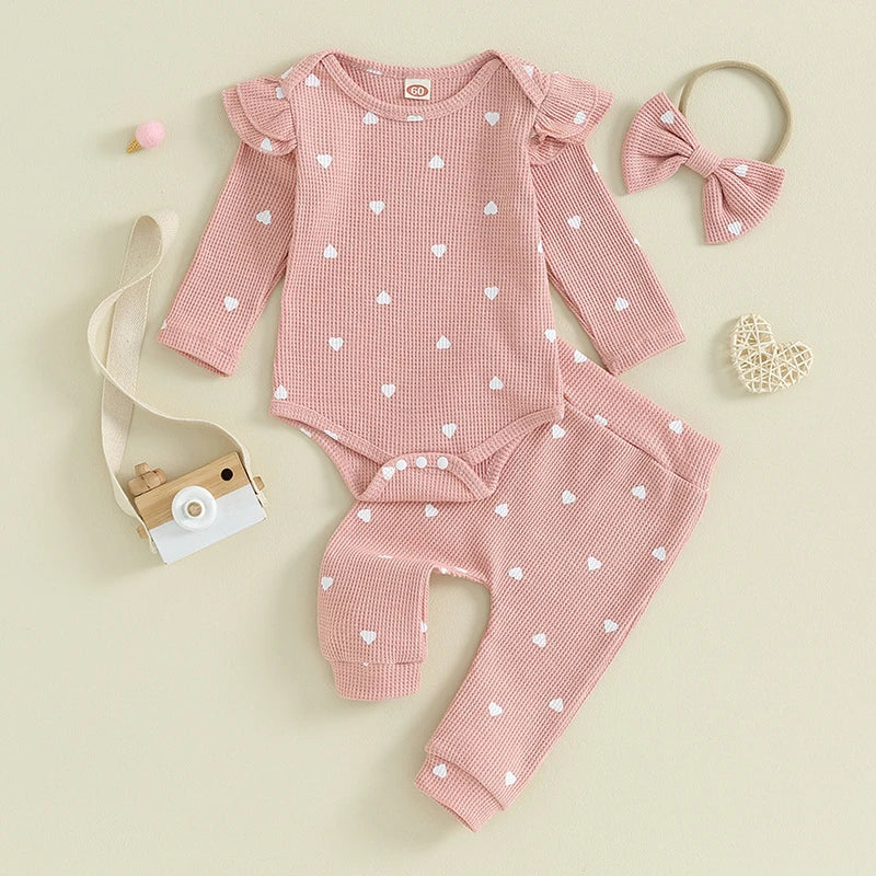 3-24MO Baby Girl Set Waffle Knit, Heart Long Sleeve Romper Pants Headband