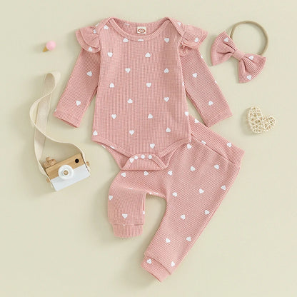 3-24MO Baby Girl Set Waffle Knit, Heart Long Sleeve Romper Pants Headband