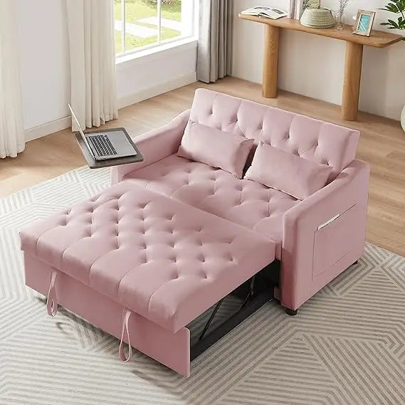 65'' 3-in-1 Queen Size Pullout Sofa, Modern Chenille Fabric, 360° Swivel Side Table