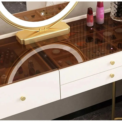 Modern Simple Dressing Table with 2 Drawers, Glass Top