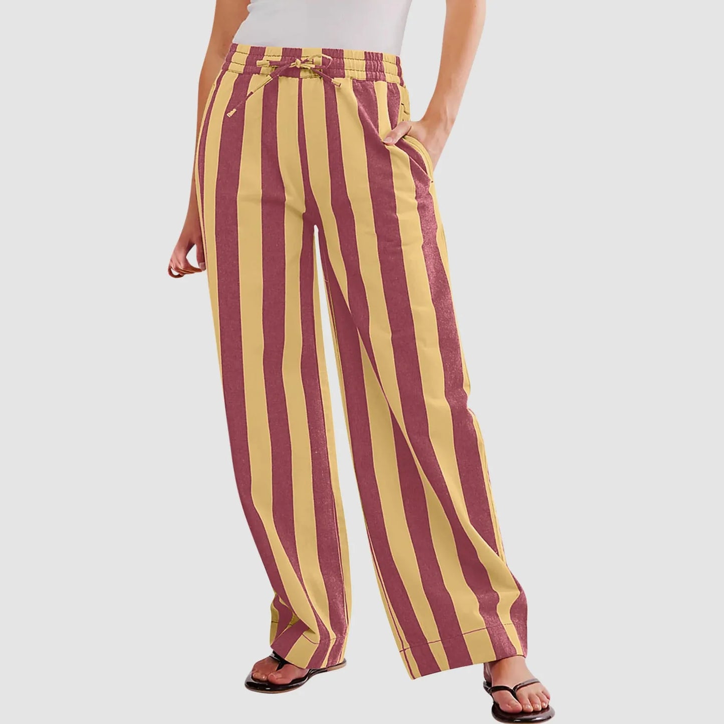 Women Casual Baggy Trousers, Striped Color Blocking, High Waist, Wide Leg, Pockets