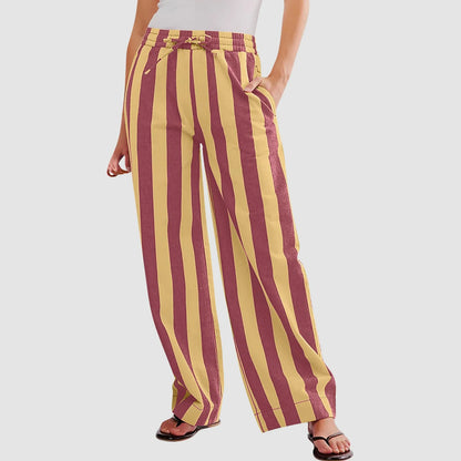 Women Casual Baggy Trousers, Striped Color Blocking, High Waist, Wide Leg, Pockets