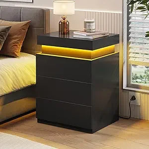 Side stand with Charging Station and LED Lights, Sliding Top, Drawers